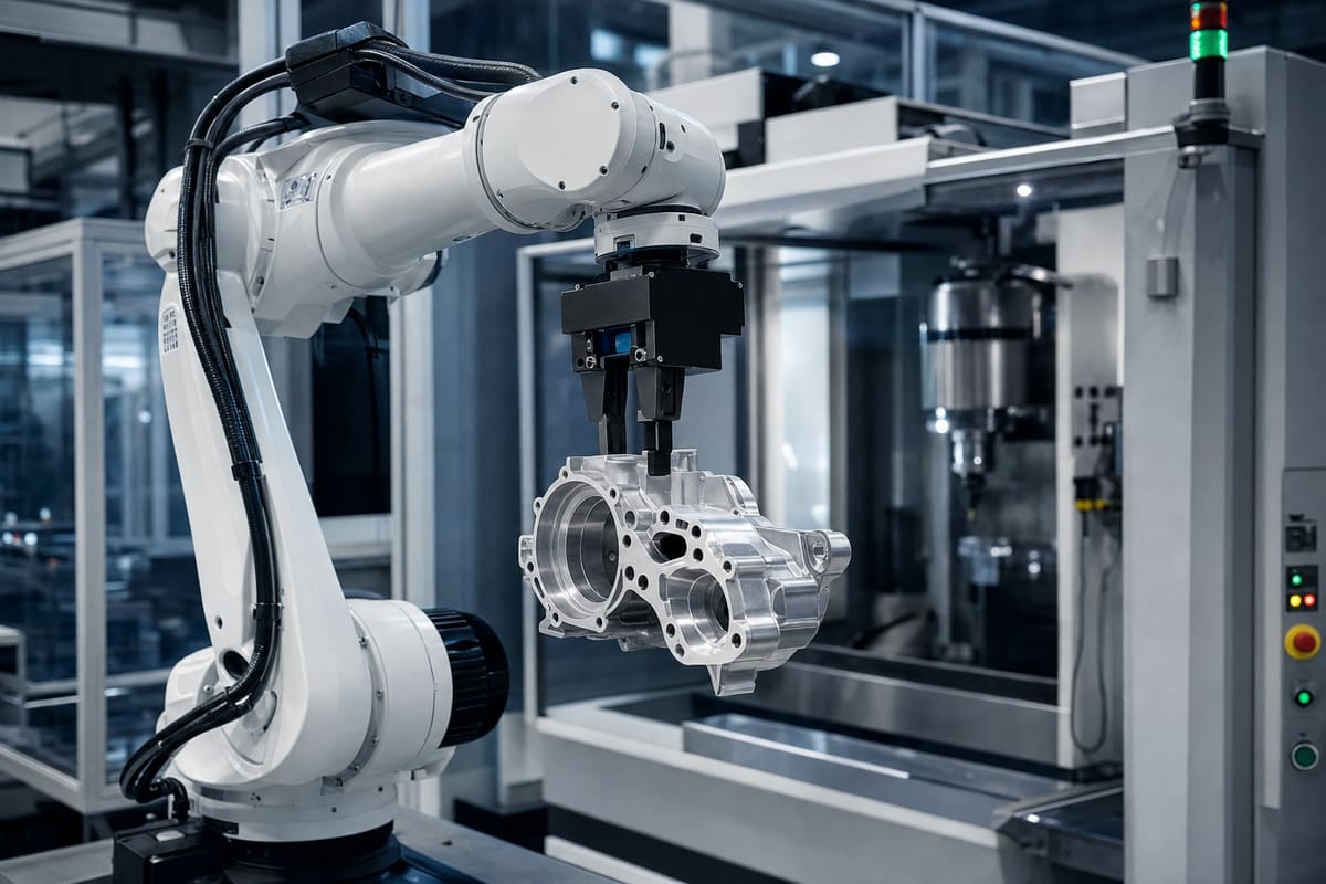 Robotic arm loading parts into a CNC machining center